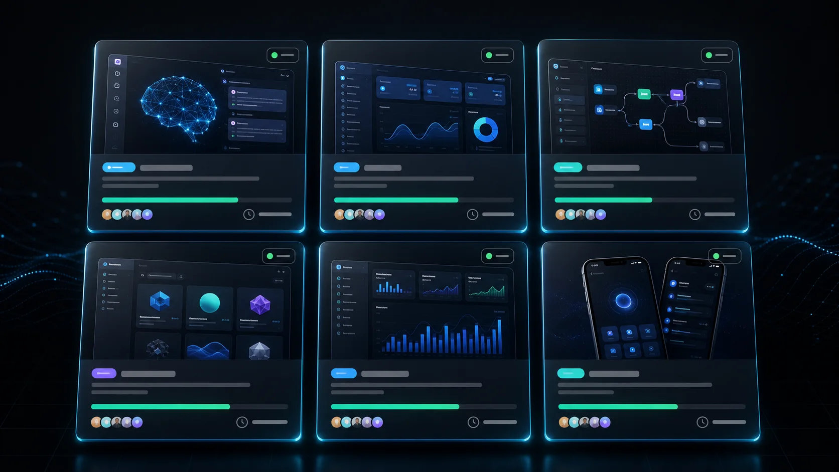 Grade visual de campanhas de software com cards, progresso e apoiadores.