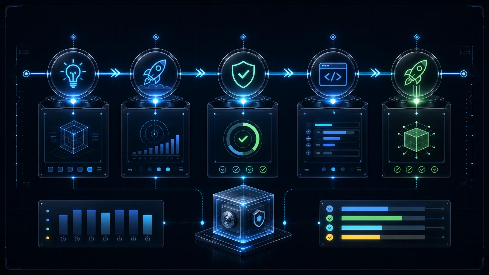 Fluxo visual de milestones, pagamentos e desenvolvimento de software.